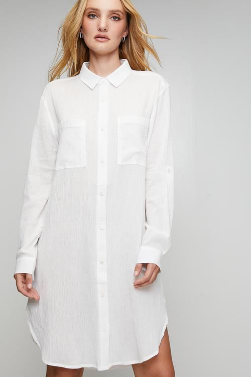 Long sleeve Button Through Midi Shirt Dress - White