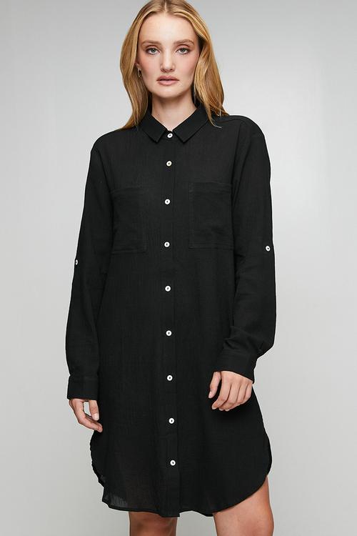 Long sleeve Button Through Midi Shirt Dress - Black