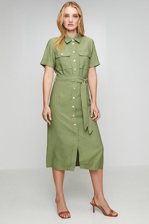 Snap Button Through Maxi Dress With Front Pockets With Flaps - Khaki