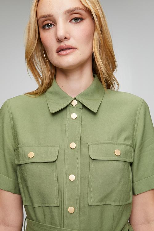 Snap Button Through Maxi Dress With Front Pockets With Flaps - Khaki