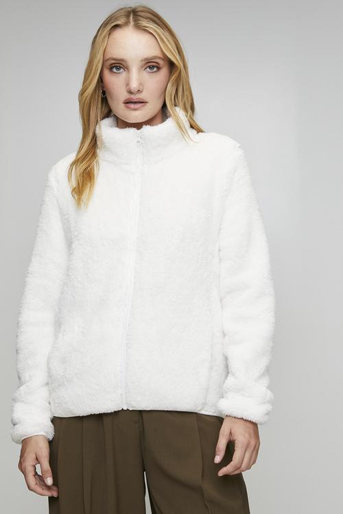 Long sleeve Zip Through Faux Teddy Jacket - Cream