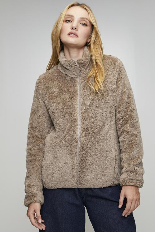 Long sleeve Zip Through Faux Teddy Jacket - Mocha