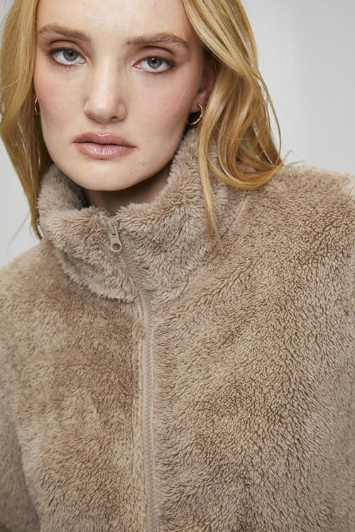 Long sleeve Zip Through Faux Teddy Jacket - Mocha