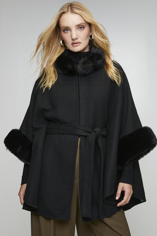 Faux Fur Trim Poncho - Black