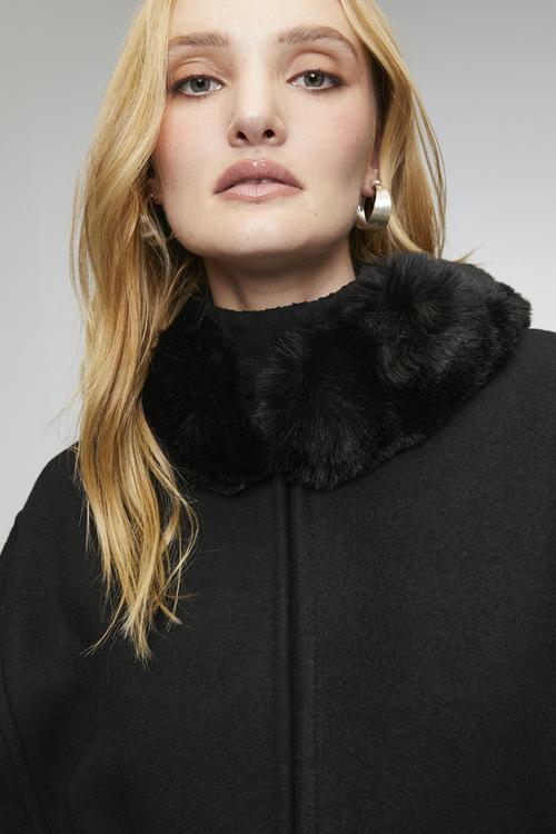 Faux Fur Trim Poncho - Black