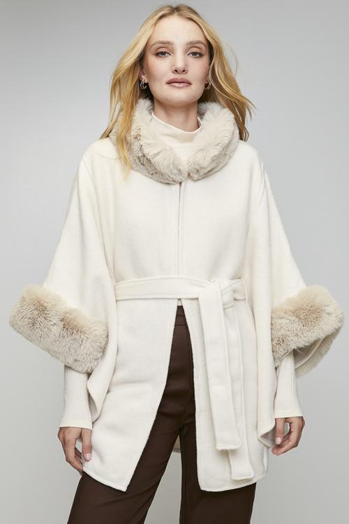 Faux Fur Trim Poncho - Ivory