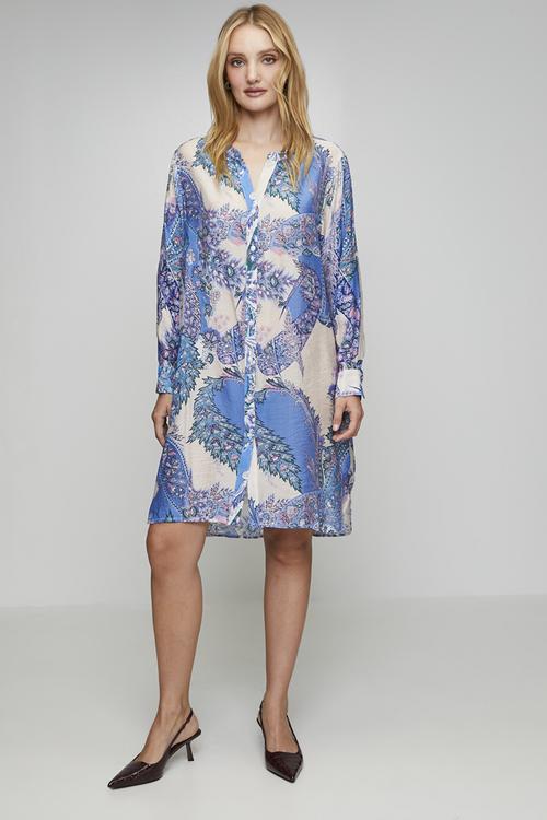 Long sleeve Button Through Sheer Printed Blouse - Blue