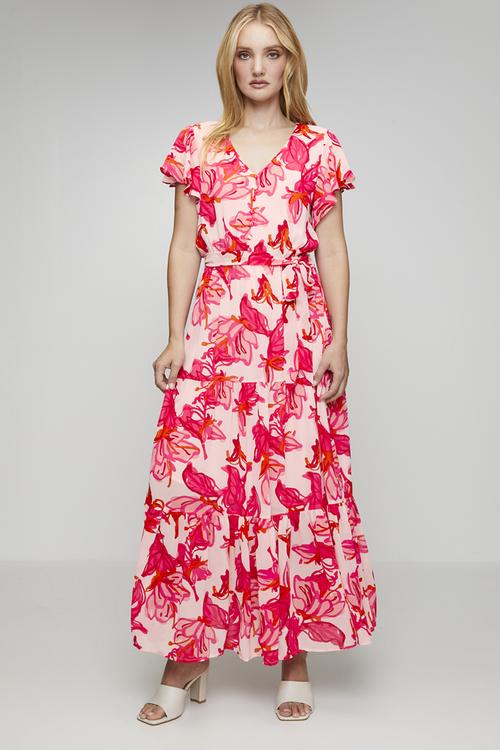 Cap Sleeve V-Neck Multi Tier Maxi Dress With Waist Tie Belt - Red