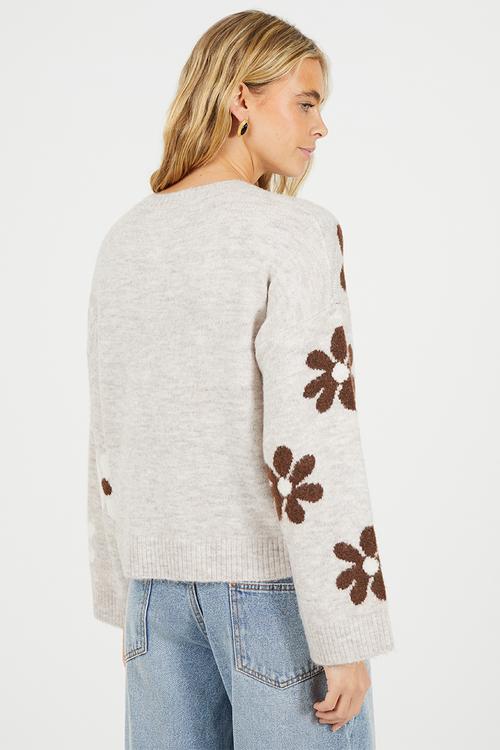 Jacquard Floral Knit Jumper - Lt. Mink Melange