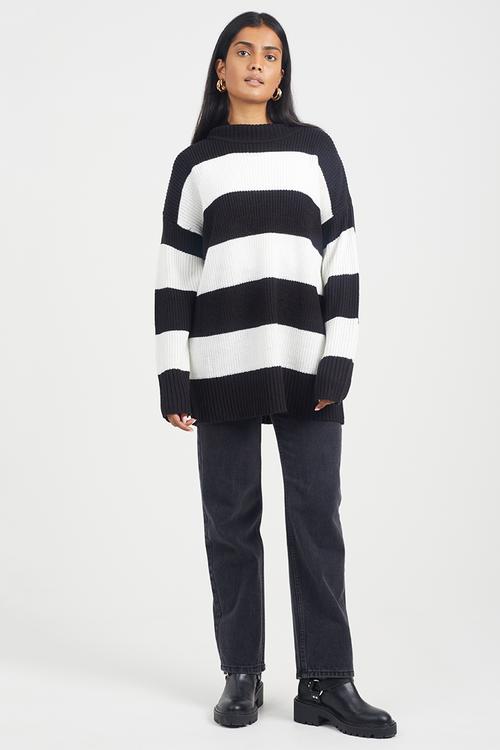 Oversized Turtle Neck Stripe Jumper - Black/White
