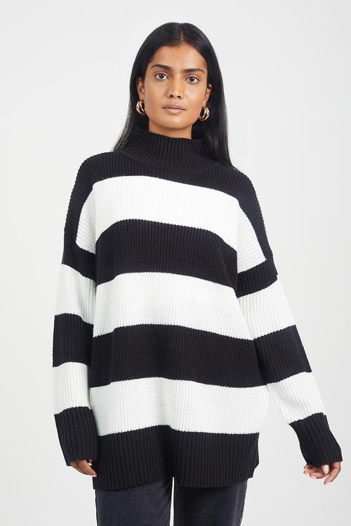 Oversized Turtle Neck Stripe Jumper - Black/White