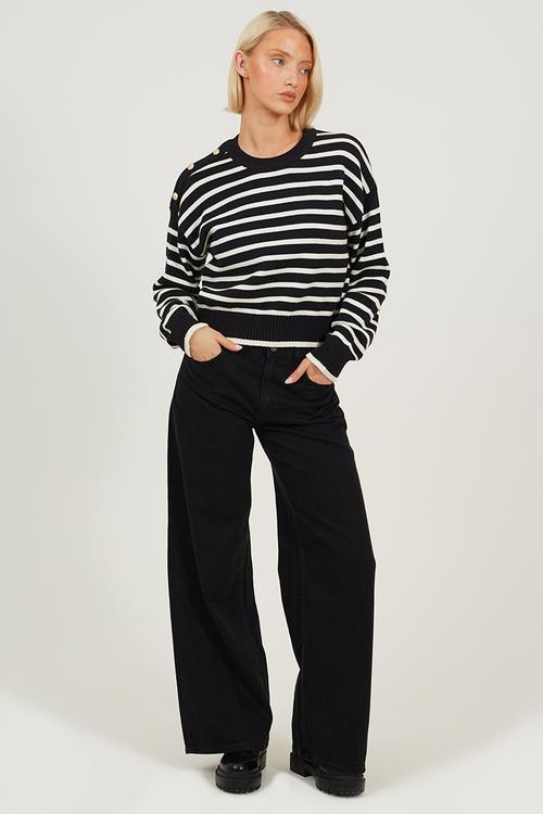 Crew Neck Stripe Cotton Boxy Shape Jumper - Black/Ivory Stripe