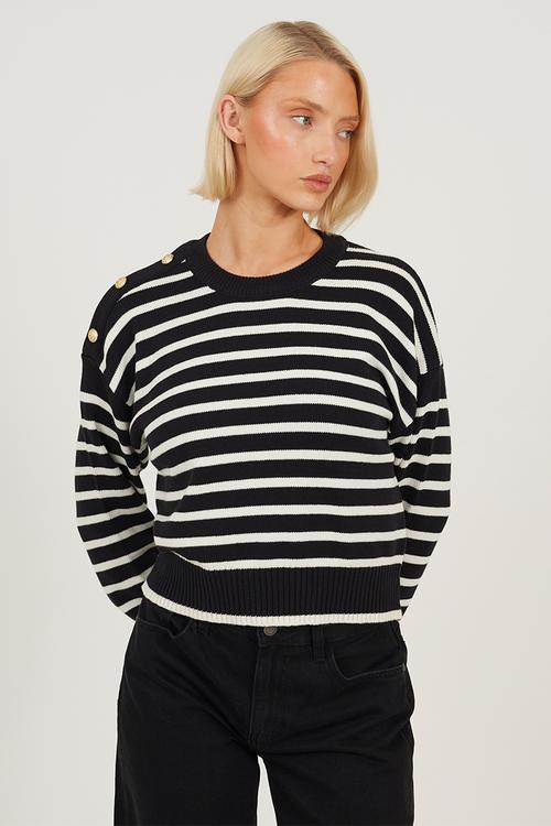 Crew Neck Stripe Cotton Boxy Shape Jumper - Black/Ivory Stripe