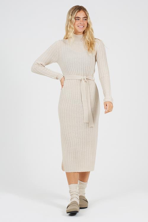 Roll Neck Rib Dress With Belt - Stone
