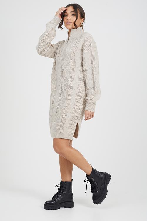 Half Zip Neck All Over Cable Dress - Stone
