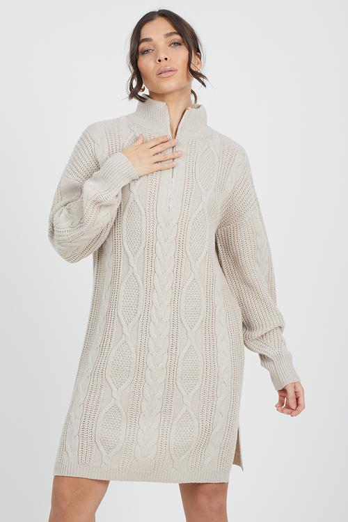 Half Zip Neck All Over Cable Dress - Stone