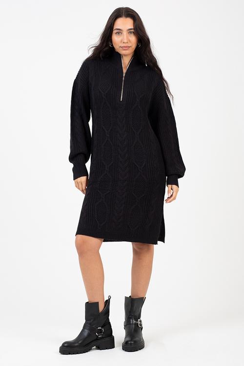 Half Zip Neck All Over Cable Dress - Black