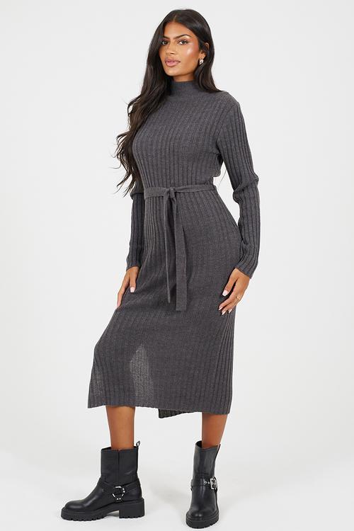 Roll Neck Rib Dress With Belt - Charcoal