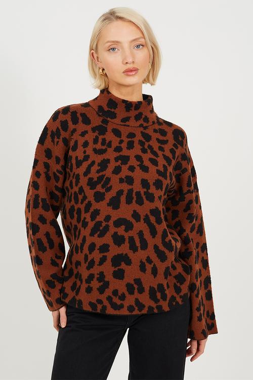 Animal Jacquard Tunic With Turtle Neck - Brown/Black
