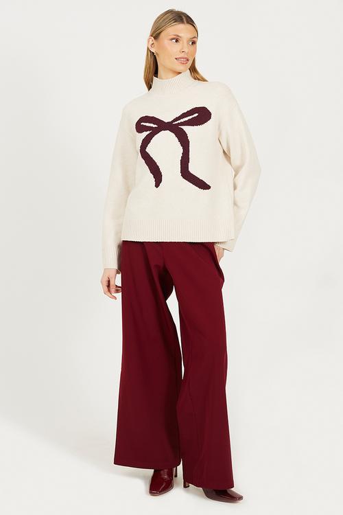 Crew Neck Cardi - Ivory/Wine Bow