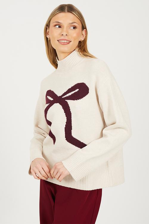Crew Neck Cardi - Ivory/Wine Bow