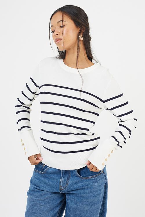 Crew Neck Jumper With Non Functional Button - Ivory/Navy
