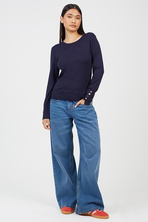 Crew Neck Jumper With Mock Popper - Navy