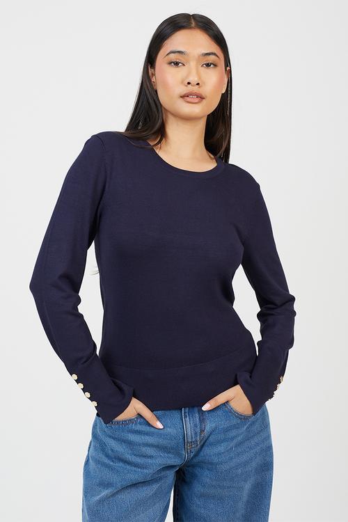 Crew Neck Jumper With Mock Popper - Navy