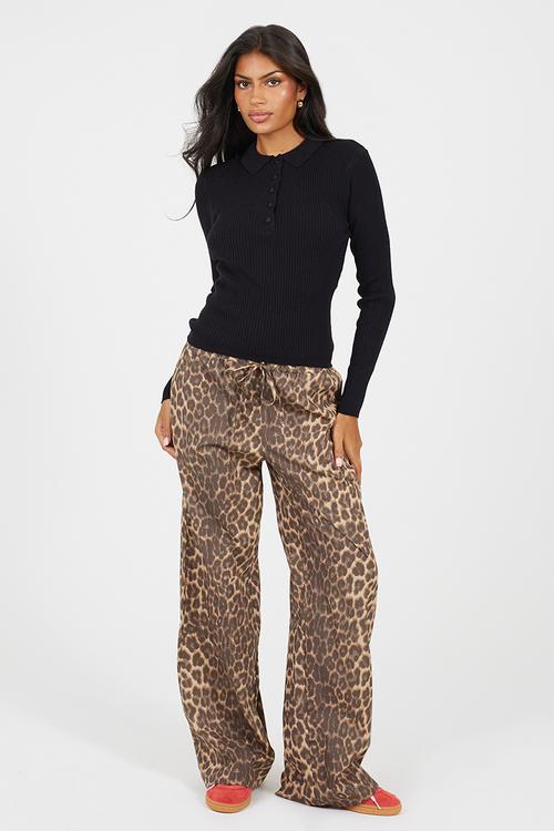 Polo Collar Rib Jumper With Buttons Placket - Black