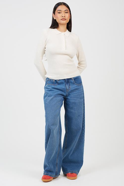 Polo Collar Rib Jumper With Buttons Placket - Cream