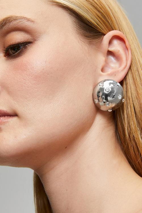 Dela Diamante Encrusted Dome Pin Earrings - Silver