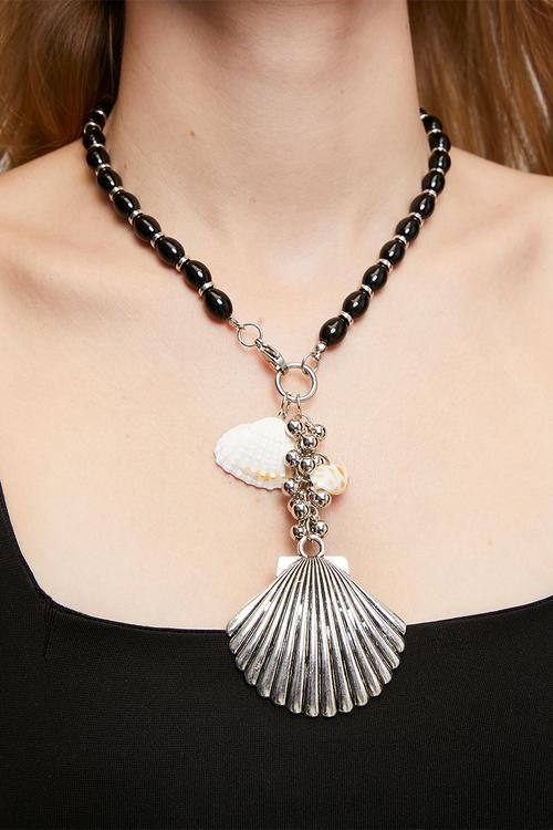 Devin Shell Beaded Necklace - Silver & Black