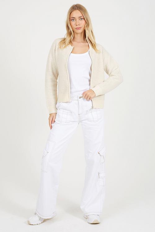 Zip Through Bomber Jacket With Boucle Yarn - Ivory