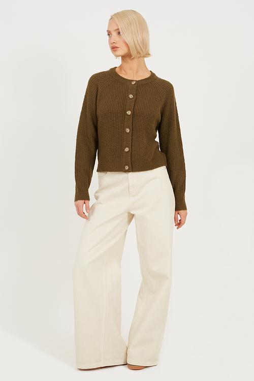 Crew Neck StripeCardi -Khaki