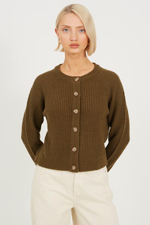 Crew Neck StripeCardi -Khaki