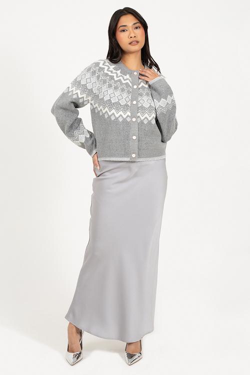 Fairisle Yok Cardi With Pearl Buttons - Grey Mel/Ivory/Silver