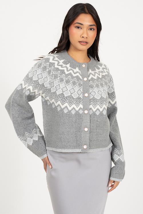 Fairisle Yok Cardi With Pearl Buttons - Grey Mel/Ivory/Silver