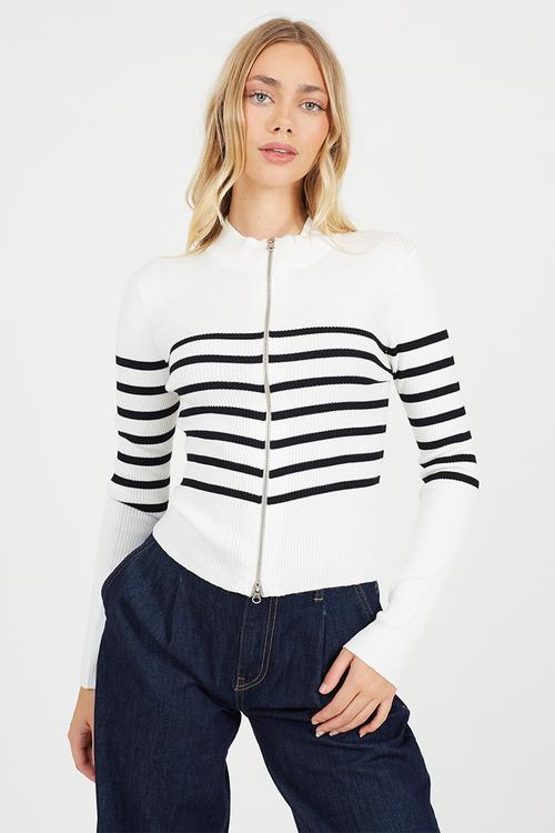 Zip Through Turtle Neck Cardi With Stripe Detail - White/Black