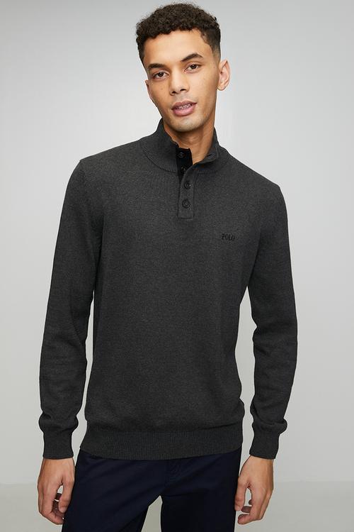 Torres 3 Button Funnel Neck Knitwear - Charcoal Melange