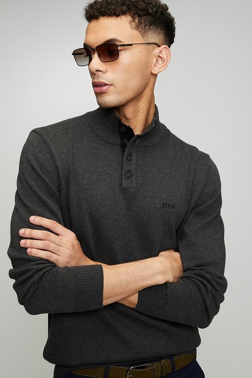 Torres 3 Button Funnel Neck Knitwear - Charcoal Melange