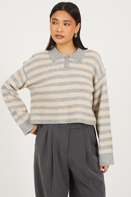 JumperWith Deep Cuff - Dove Grey/Oatmeal Stripe