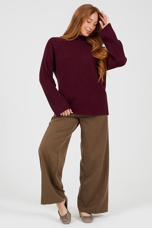 Mossy Yarn Ribbed Raglan Sleeve Jumper With Turtle Neck - Wine