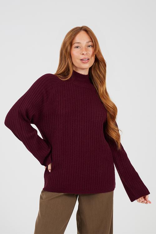 Mossy Yarn Ribbed Raglan Sleeve Jumper With Turtle Neck - Wine