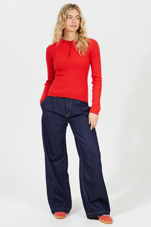 Polo Collar Rib Jumper With Buttons Placket - Red