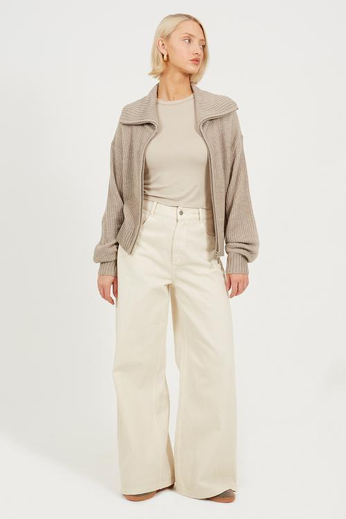 Zip Up Fisherman Knit Cardi With Collar Detail - Mink