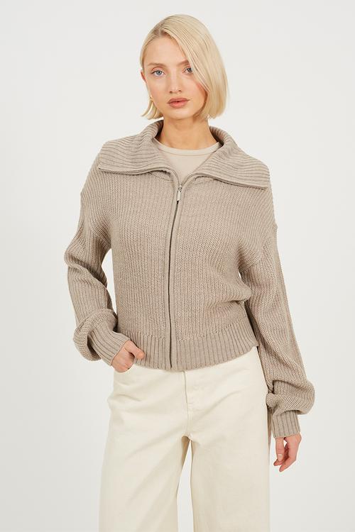 Zip Up Fisherman Knit Cardi With Collar Detail - Mink