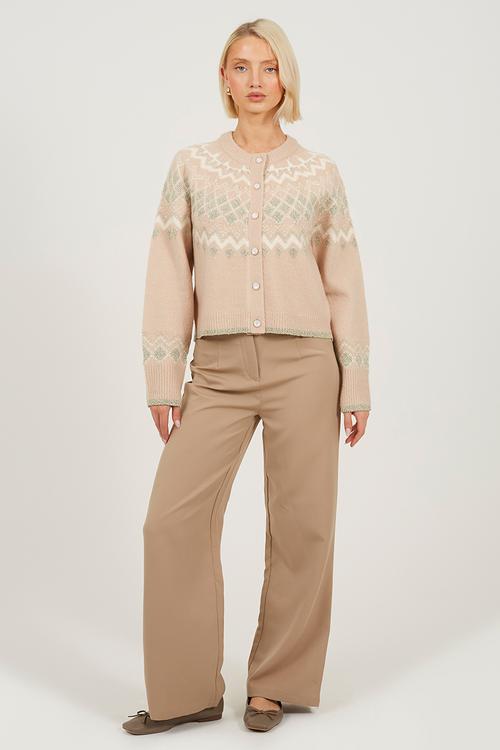 Fairisle Yok Cardi With Pearl Buttons - Blush/Ivory/Gold