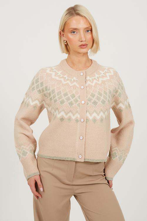Fairisle Yok Cardi With Pearl Buttons - Blush/Ivory/Gold