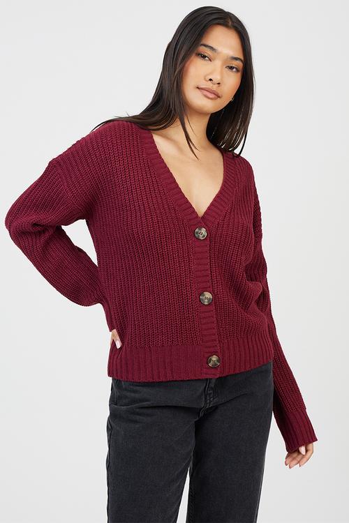 Fisherman Rib Knit CardiWith V-Neck - Wine
