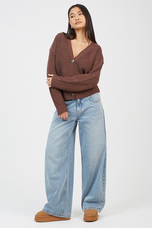 Fisherman Rib Knit CardiWith V-Neck - Brown